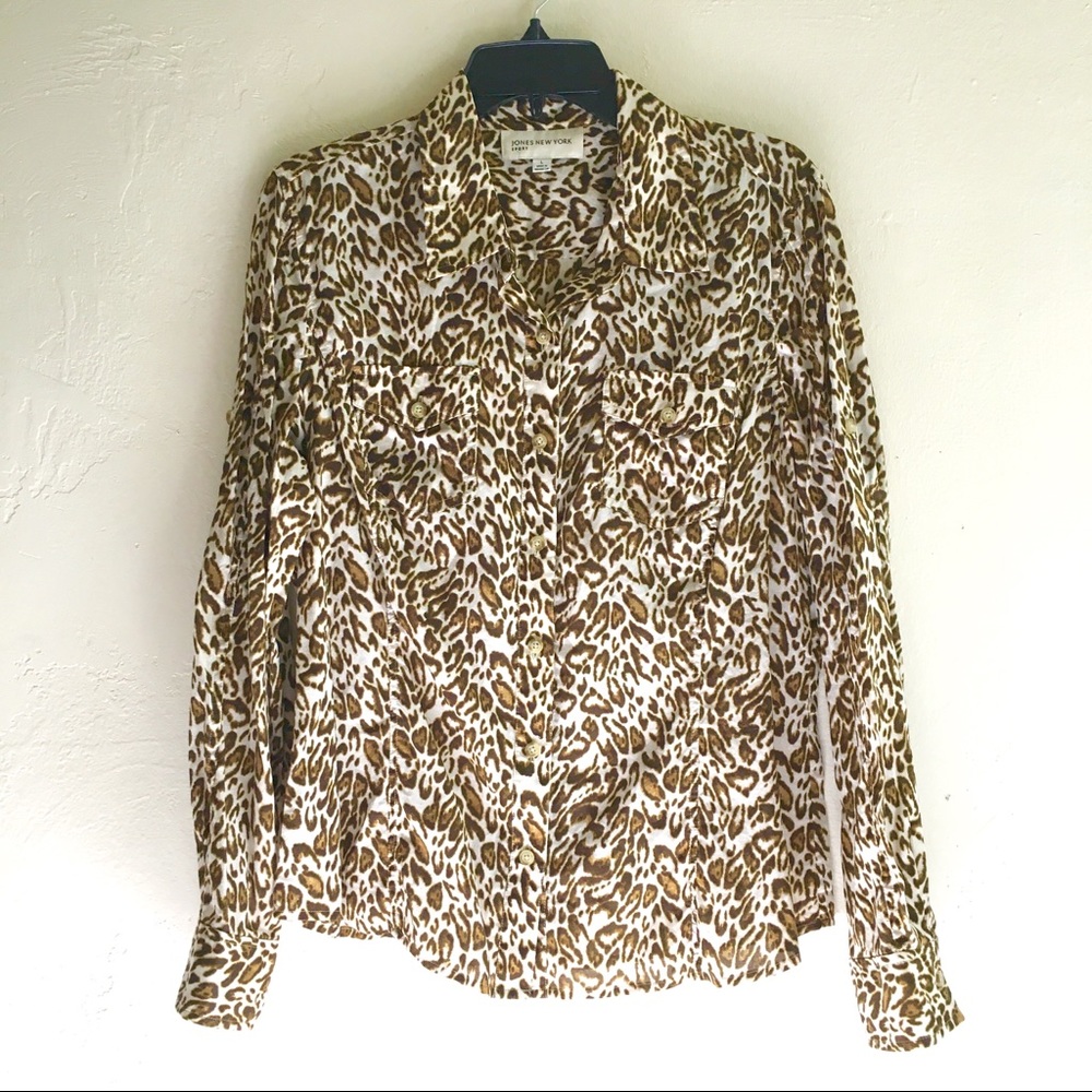 Jones NY Cheetah Oxford Shirt Chest Pockets SzL